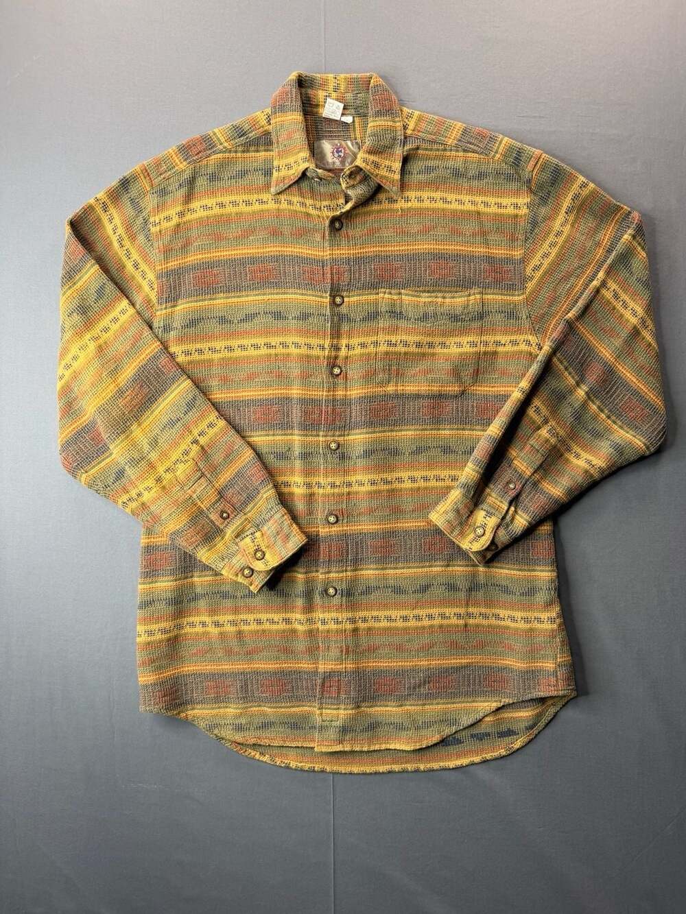 Vintage 90s Aztec Striped Southwestern Waffle Weave Button Up Shirt Mens L/T